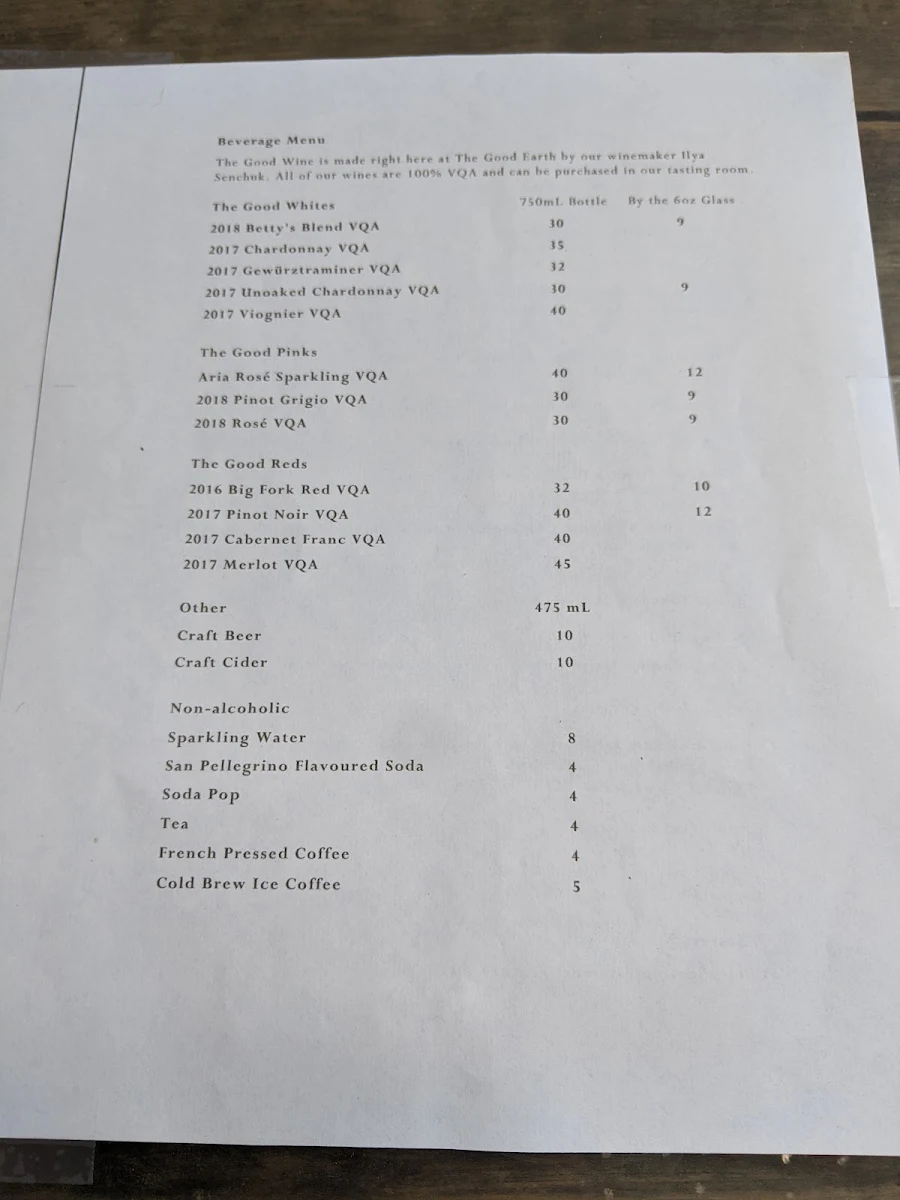 Menu, The Good Earth Food and Wine Co.