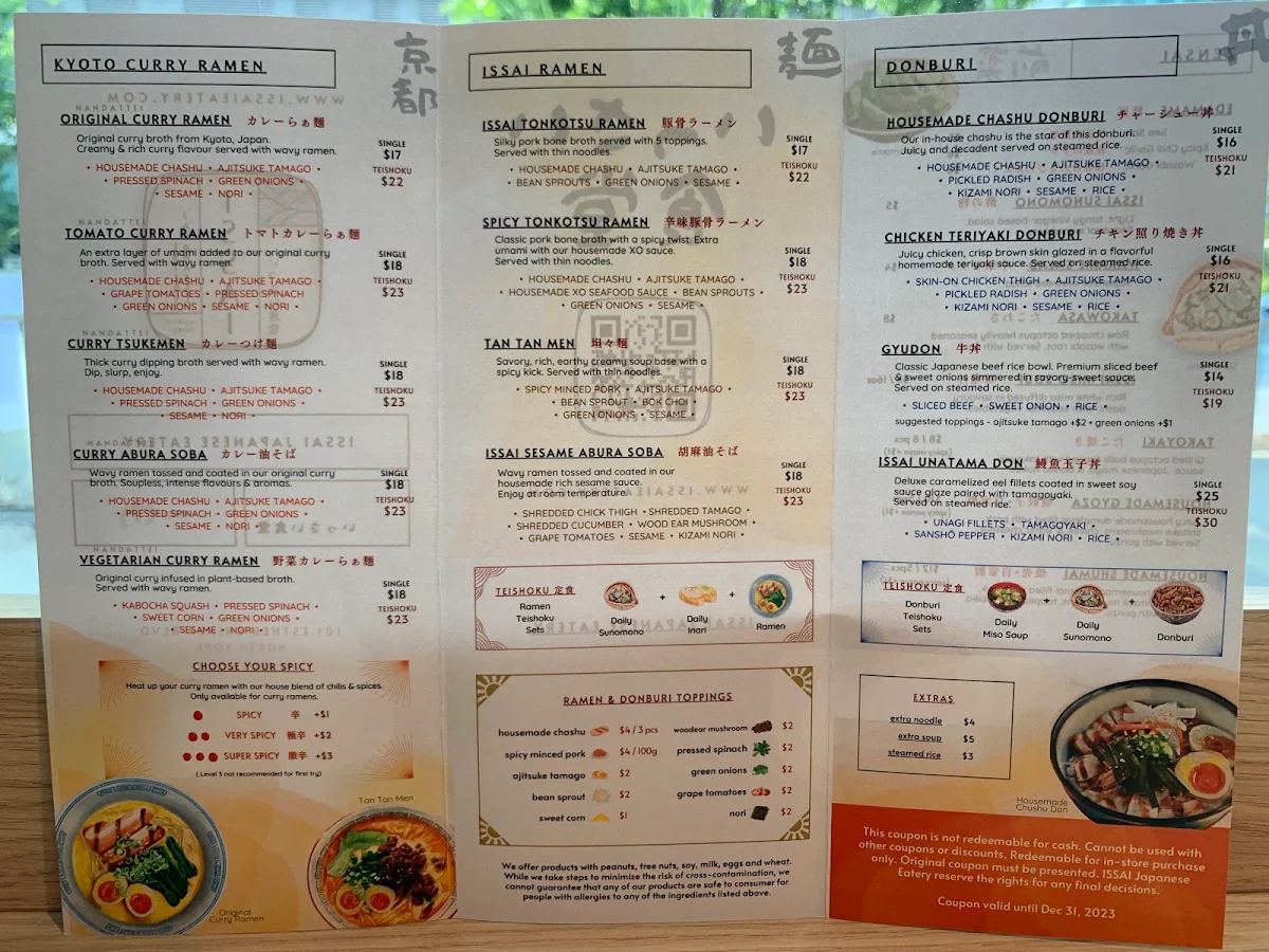 Menu, Issai Japanese Eatery