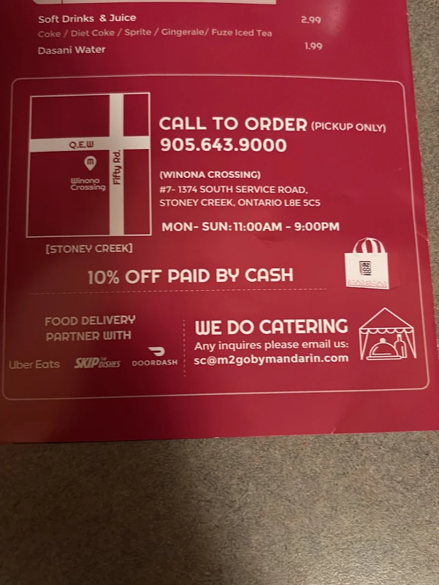Menu, M2GO by Mandarin (Stoney Creek)