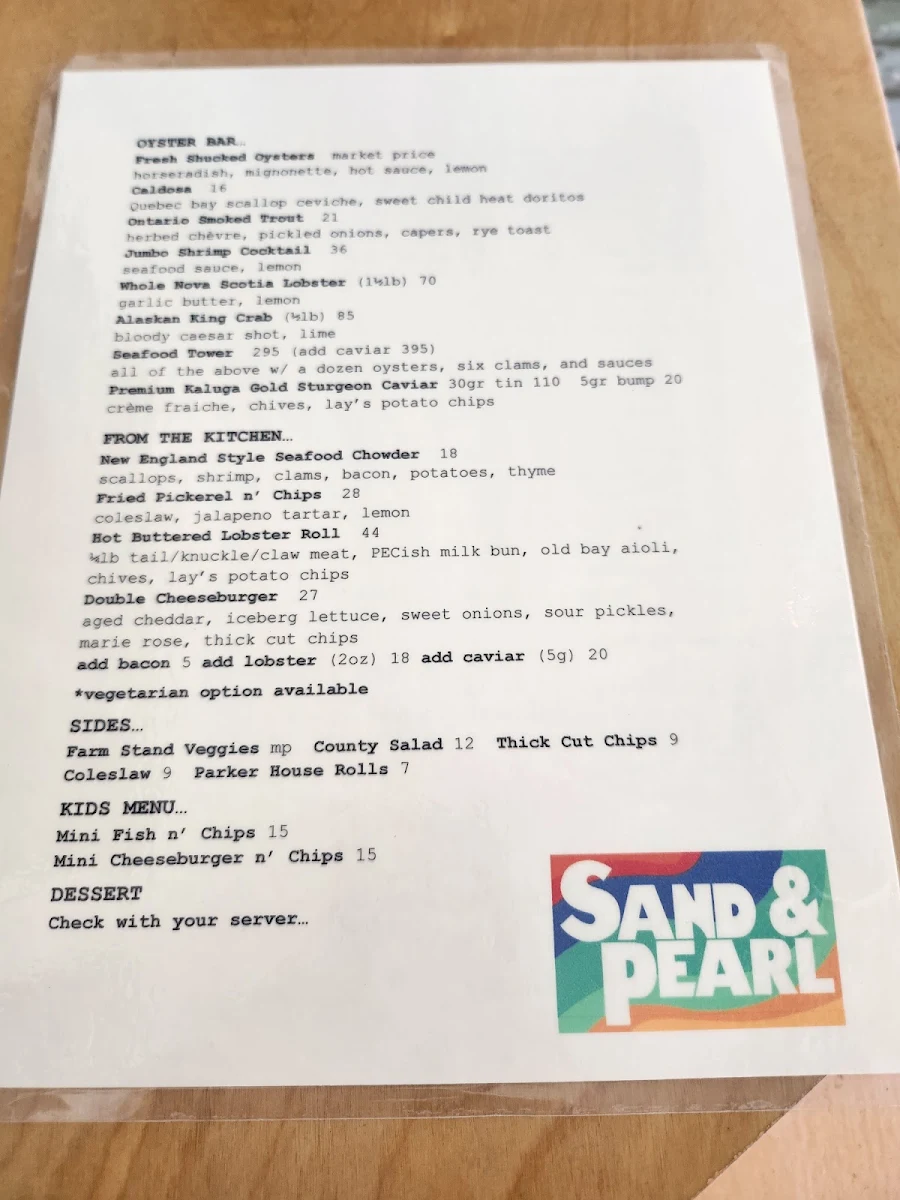 Menu, Sand and Pearl Oyster Bar