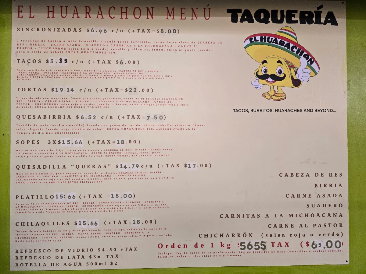 Menu, Taqueria El Huarachon