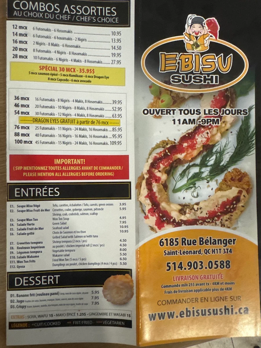 Menu, Ebisu Sushi