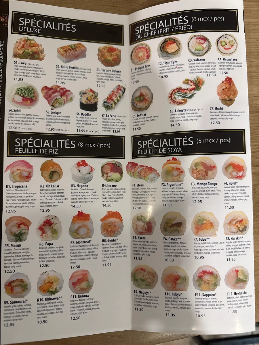 Menu, Ebisu Sushi