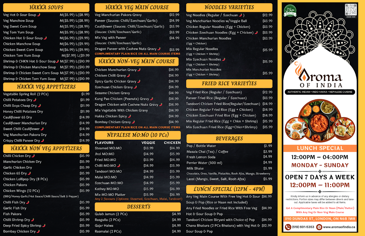 Menu, Aroma of India - Authentic Indian, Indo-Hakka & Nepali Cuisine