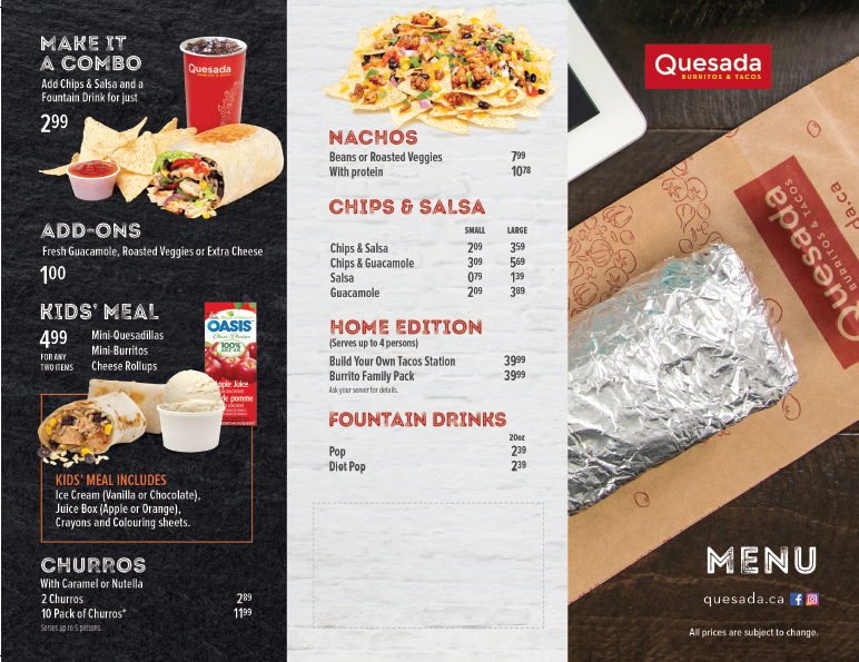 Menu, Quesada Burritos & Tacos