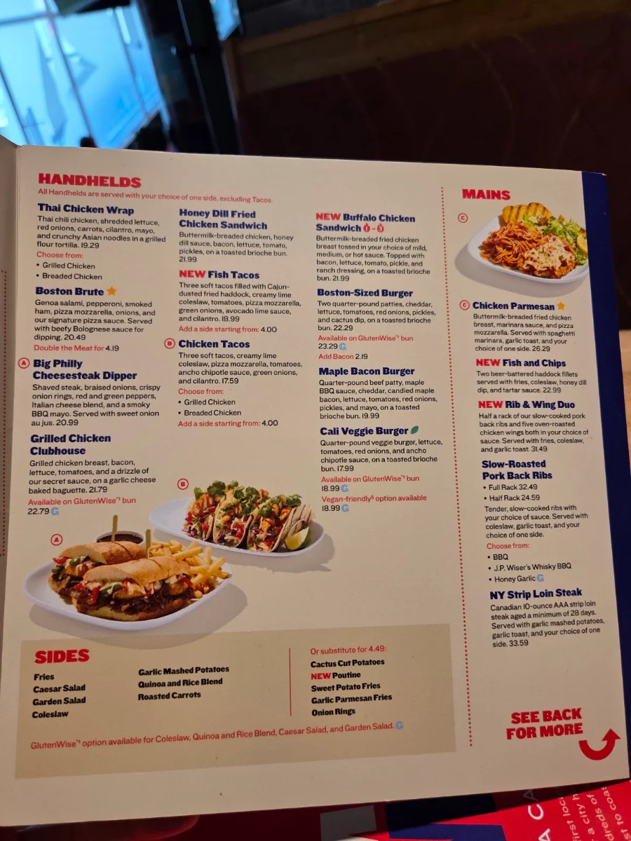 Menu, Boston Pizza
