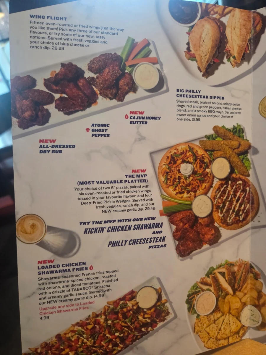 Menu, Boston Pizza