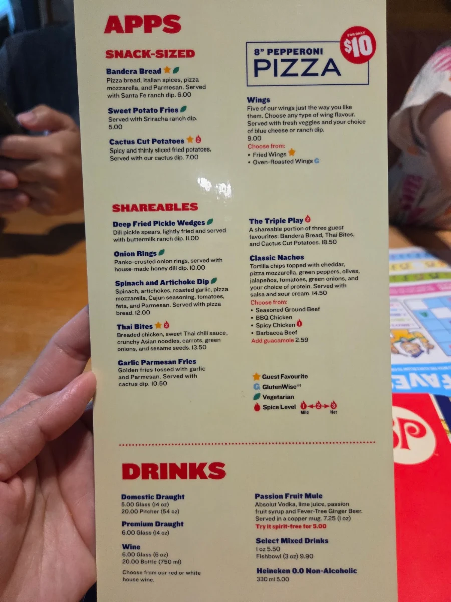 Menu, Boston Pizza