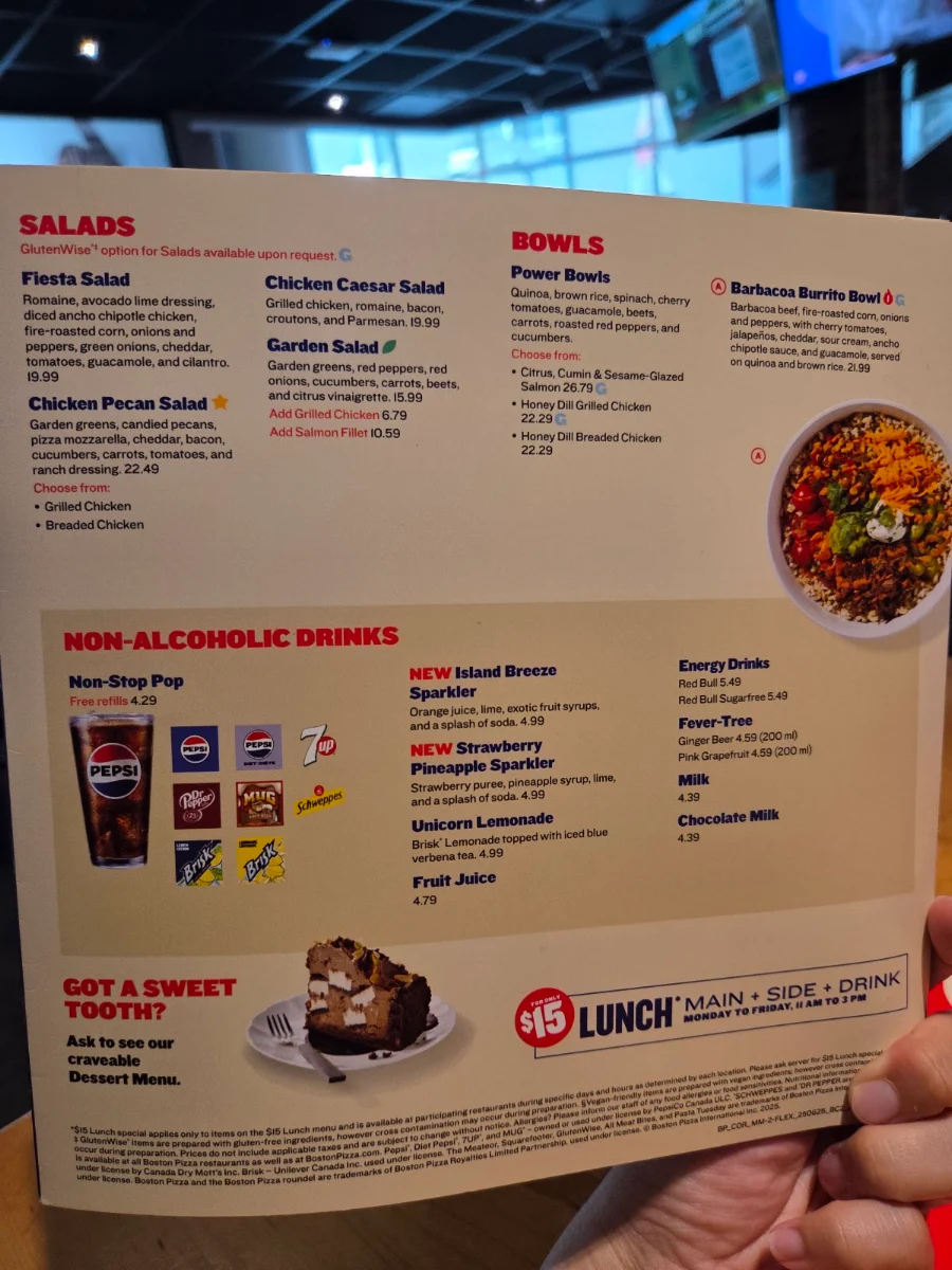 Menu, Boston Pizza