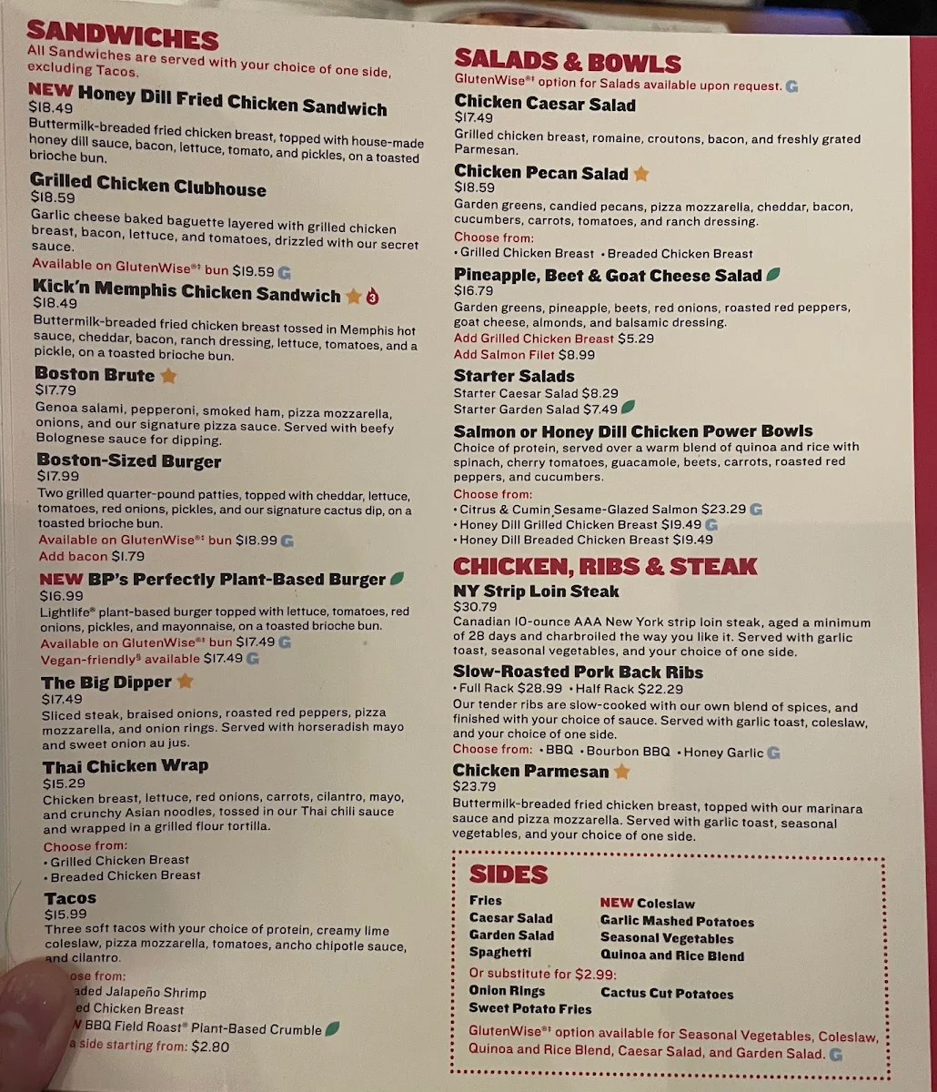 Menu, Boston Pizza