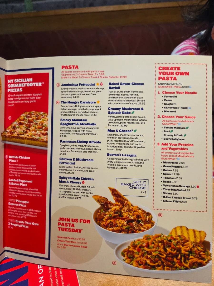 Menu, Boston Pizza