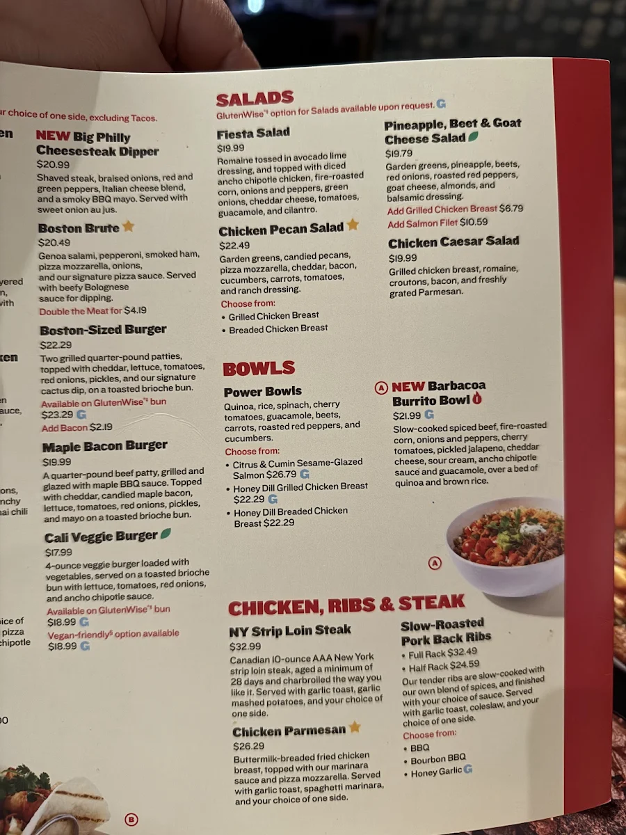 Menu, Boston Pizza