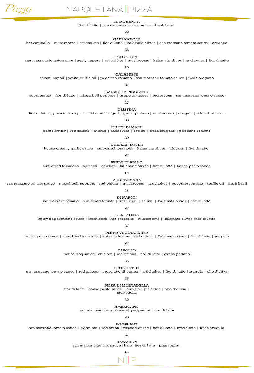 Menu, Napoletana Pizza Restaurant