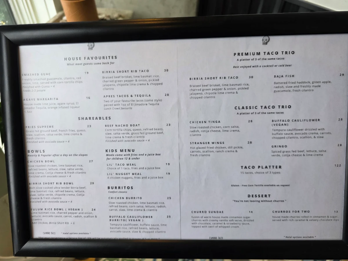 Menu, Camino Taco