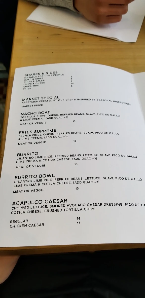 Menu, Camino Taco