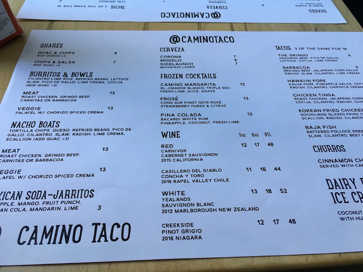 Menu, Camino Taco