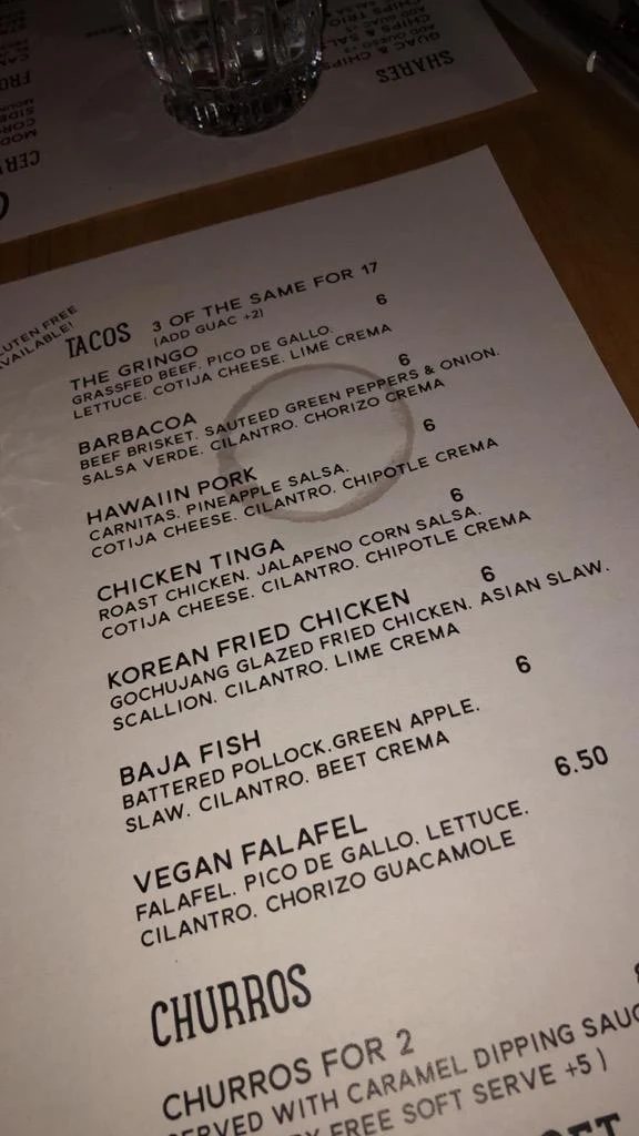 Menu, Camino Taco