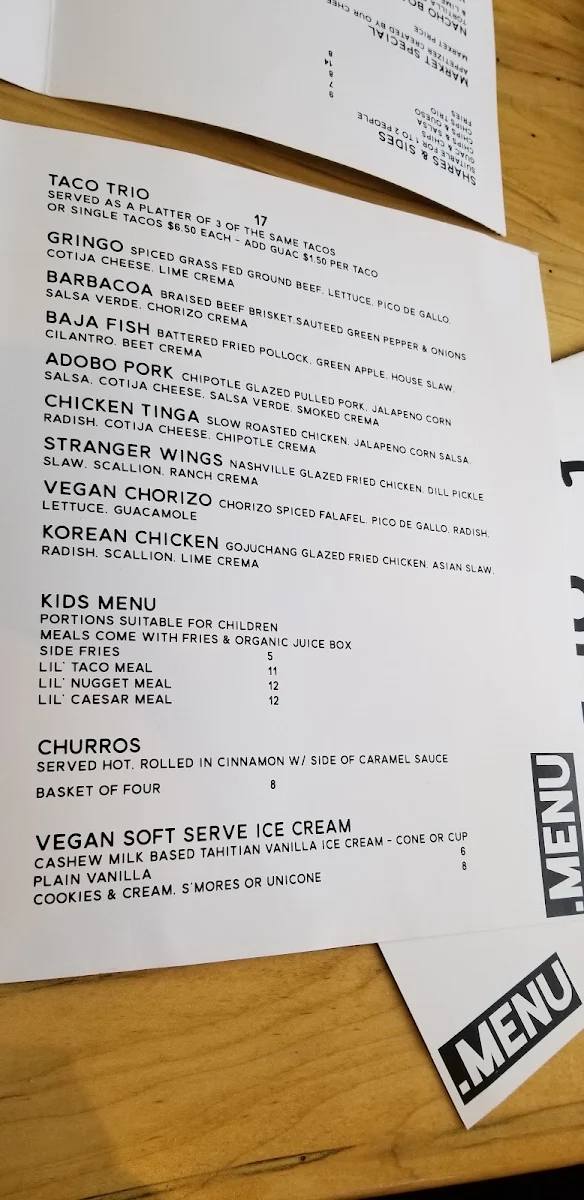 Menu, Camino Taco