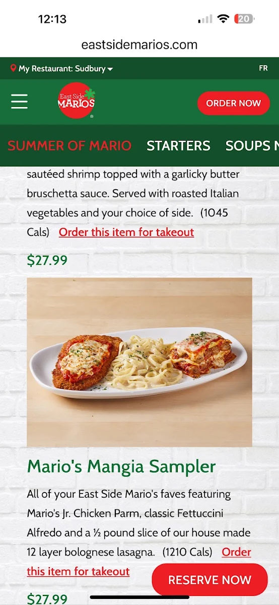 Menu, East Side Mario's
