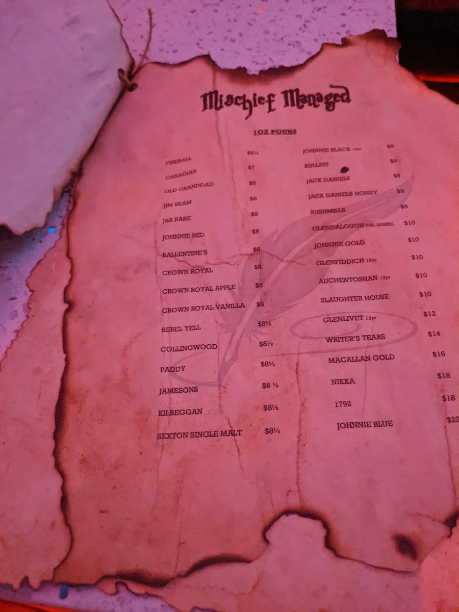 Menu, The Potion Room Bar