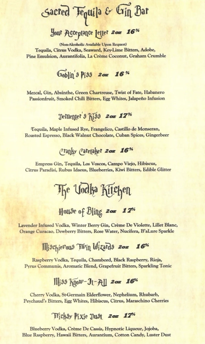 Menu, The Potion Room Bar