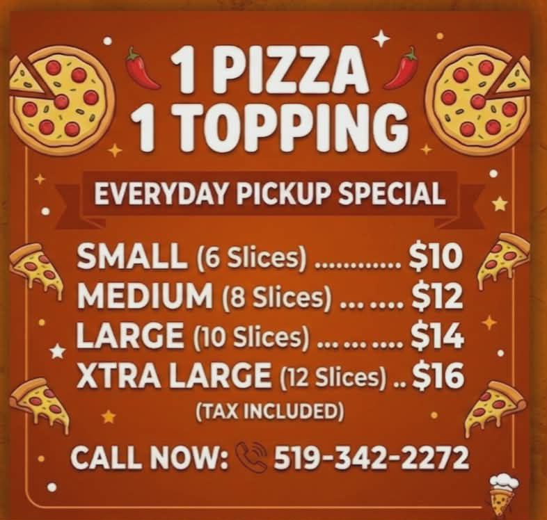 Menu, MJ's Gourmet Pizza