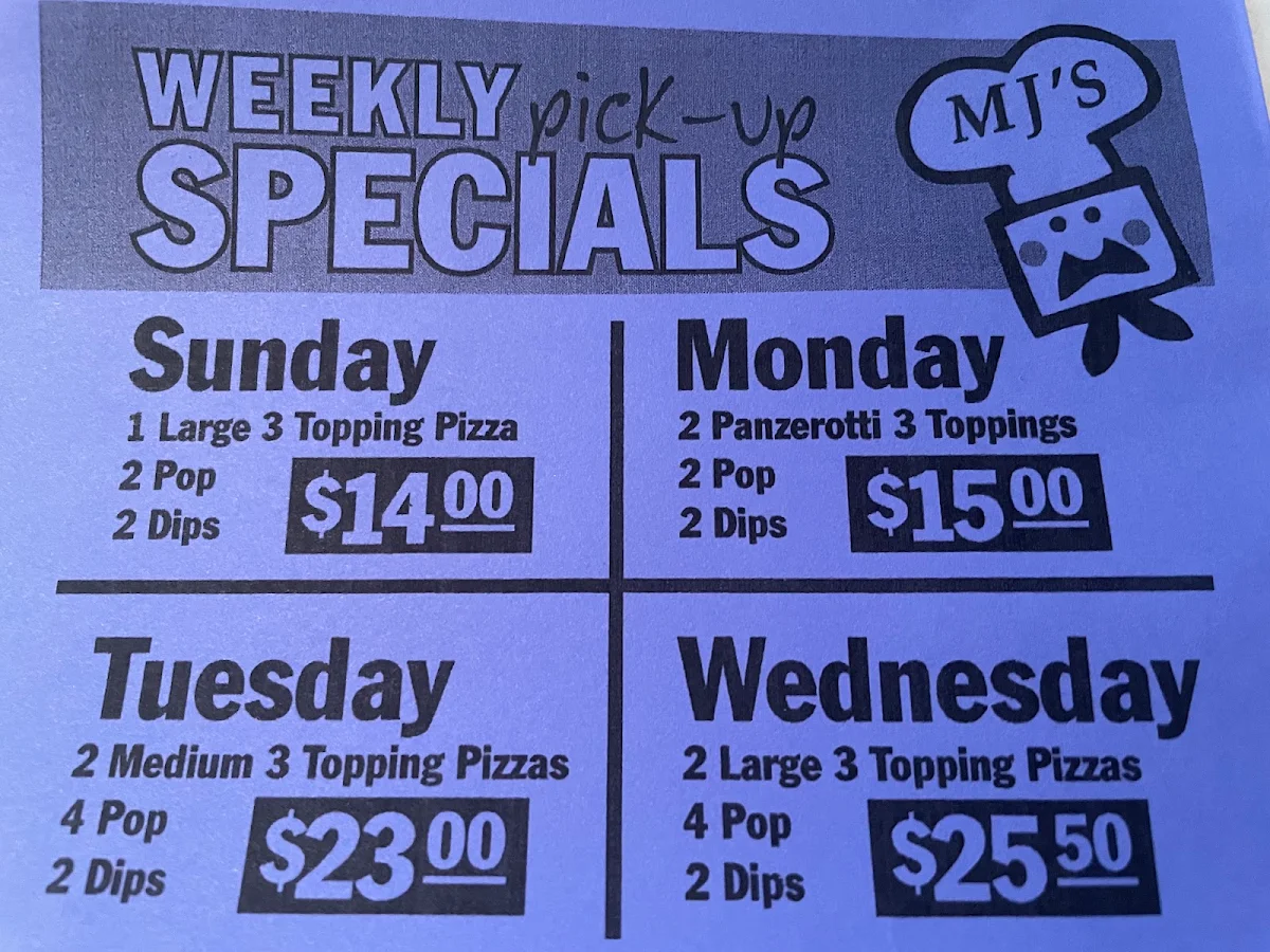 Menu, MJ's Gourmet Pizza