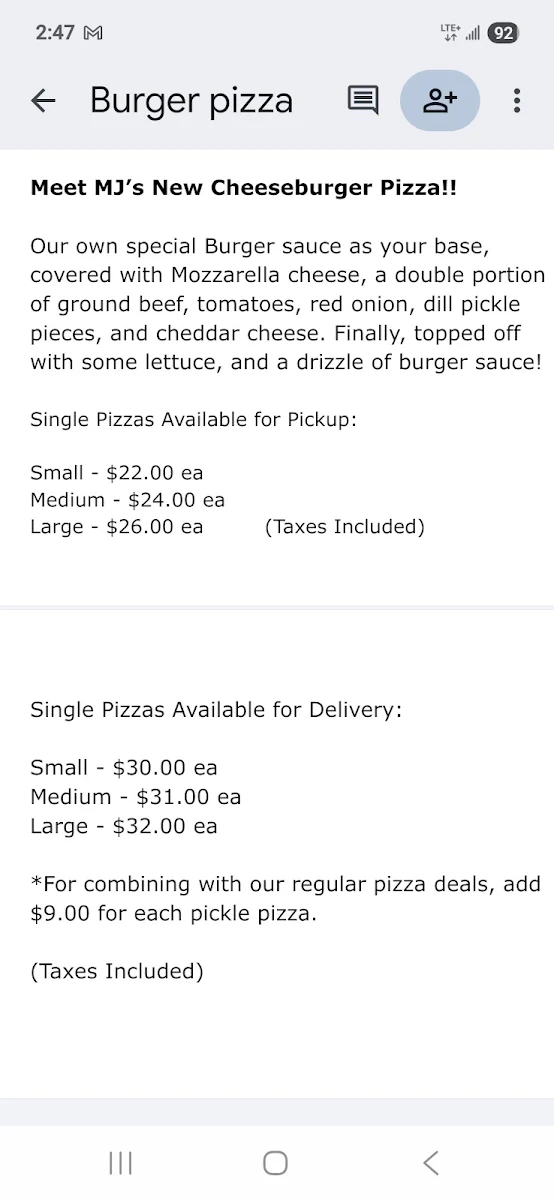 Menu, MJ's Gourmet Pizza