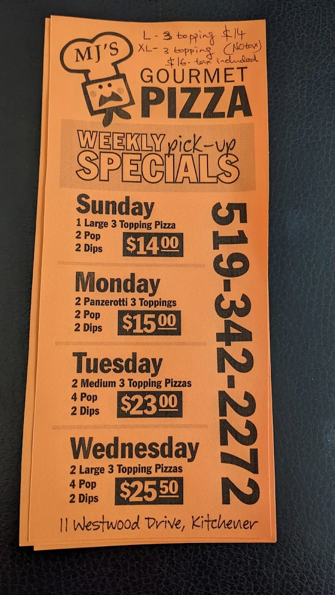 Menu, MJ's Gourmet Pizza