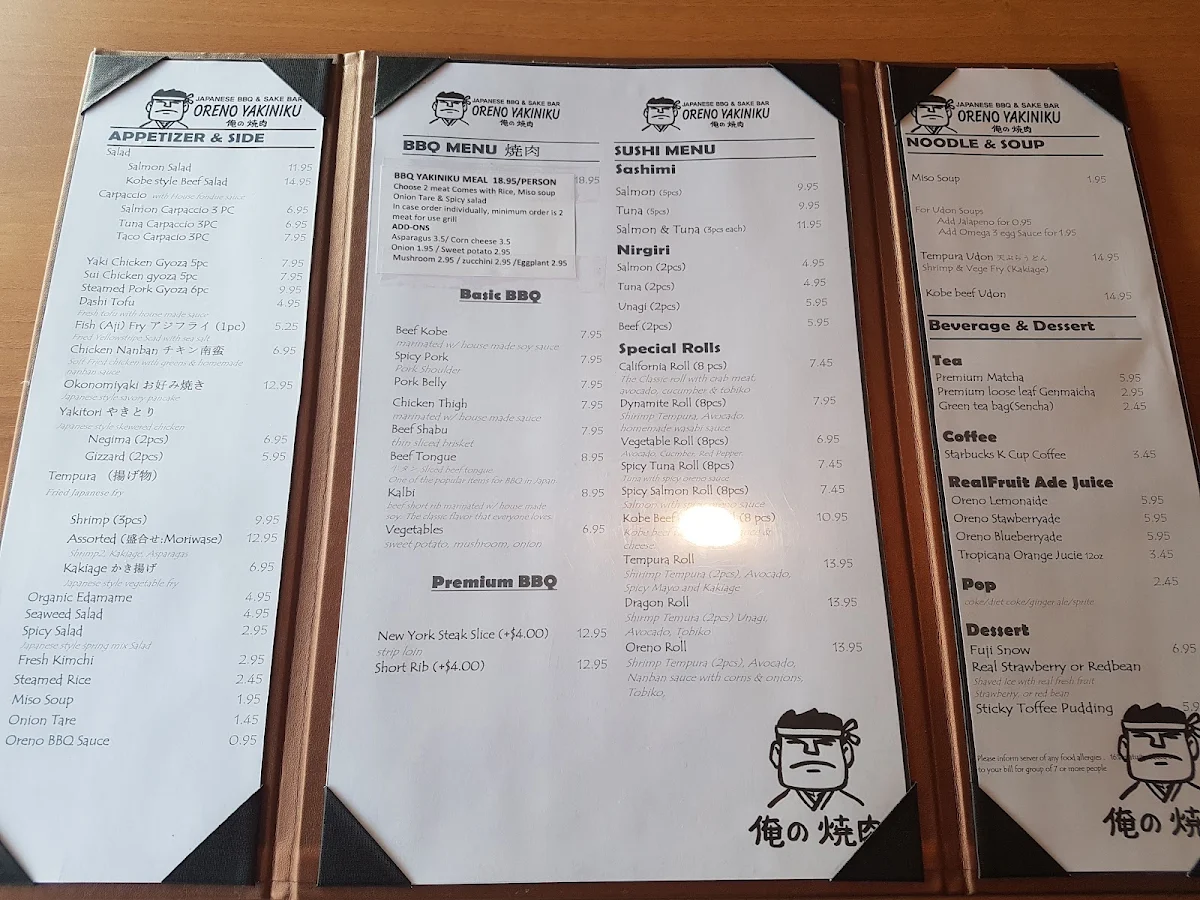 Menu, ORENO KOREAN BBQ, HOT POT & SUSHI