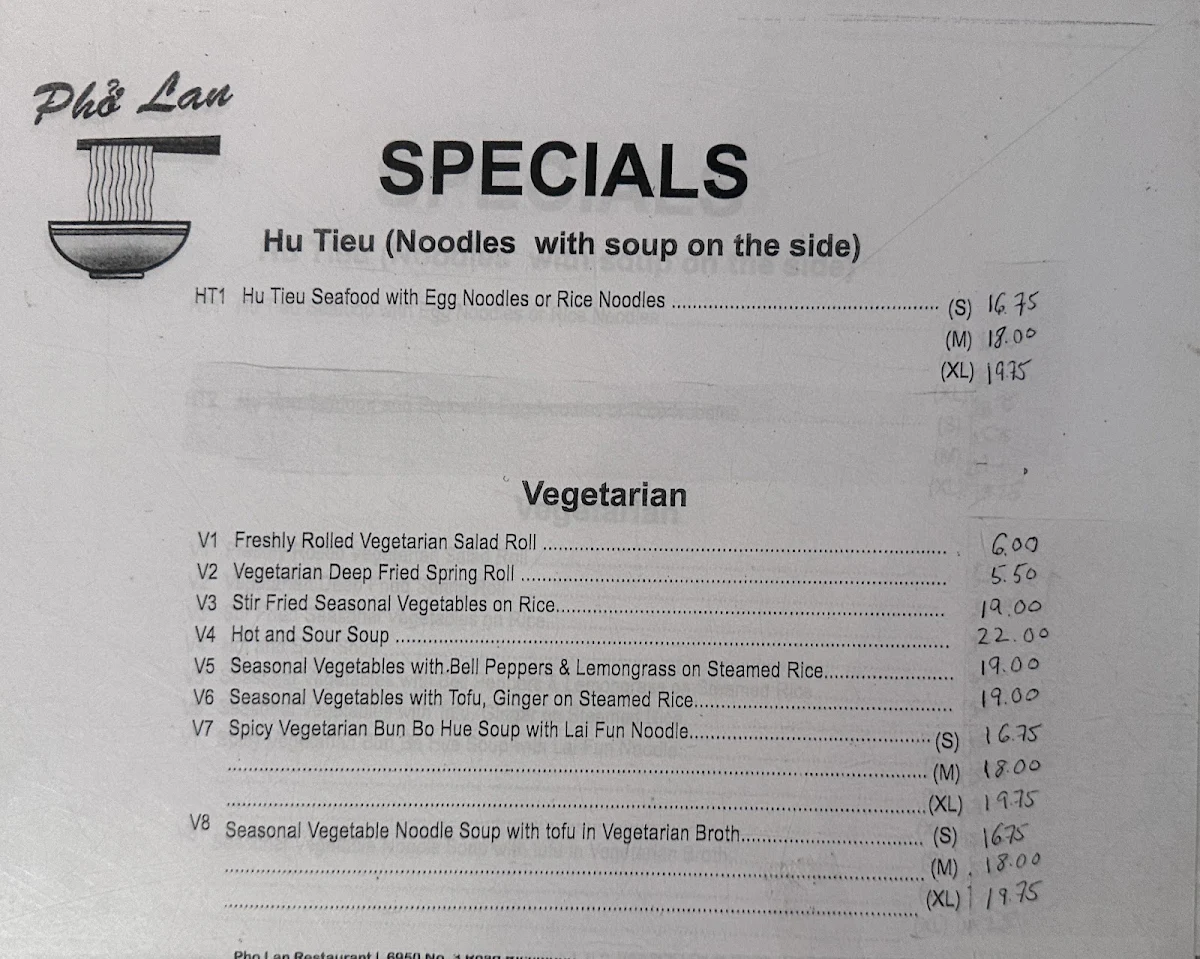 Menu, Pho Lan Beef Noodle Soup Restaurant