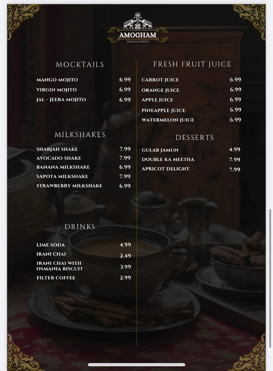 Menu, Amogham Indian Cuisine Restaurant