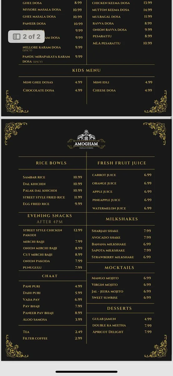 Menu, Amogham Indian Cuisine Restaurant