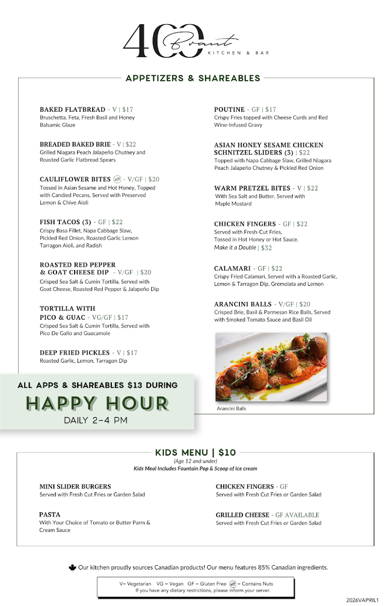Menu, 400 Brant Kitchen and Bar