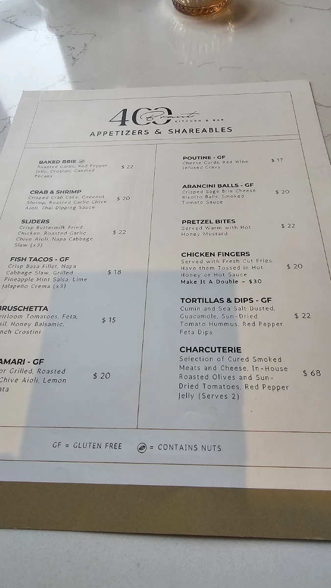 Menu, 400 Brant Kitchen and Bar