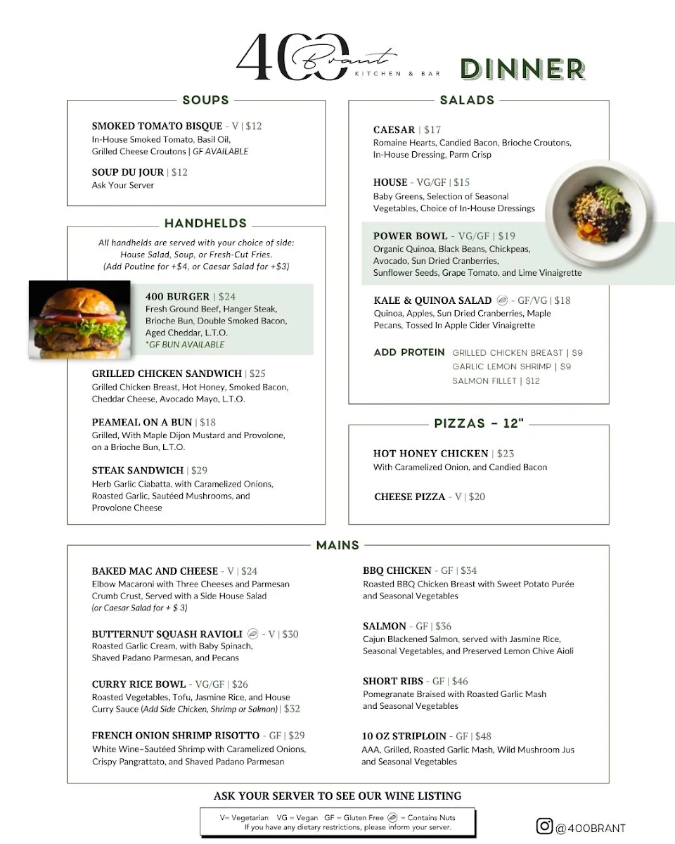 Menu, 400 Brant Kitchen and Bar