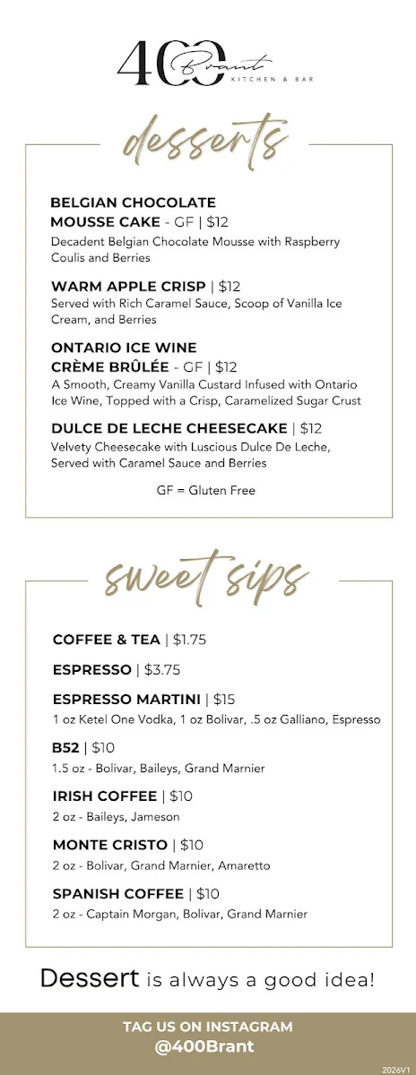 Menu, 400 Brant Kitchen and Bar