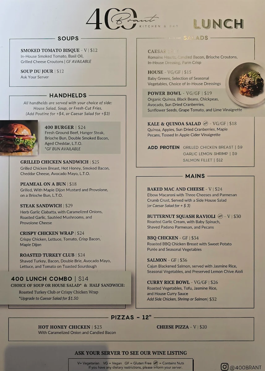 Menu, 400 Brant Kitchen and Bar