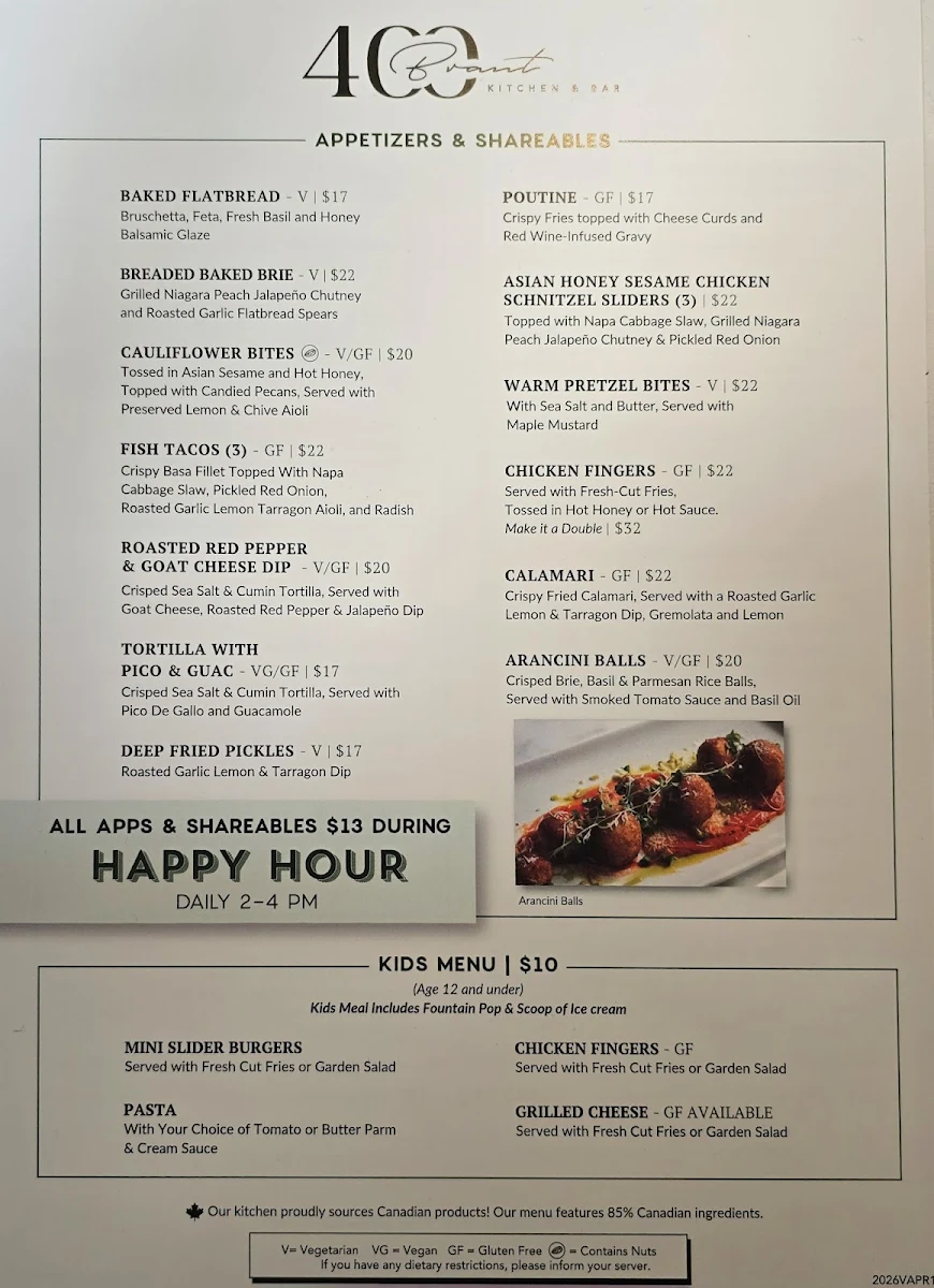Menu, 400 Brant Kitchen and Bar