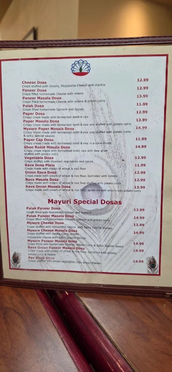 Menu, Mayuri Indian Cuisine
