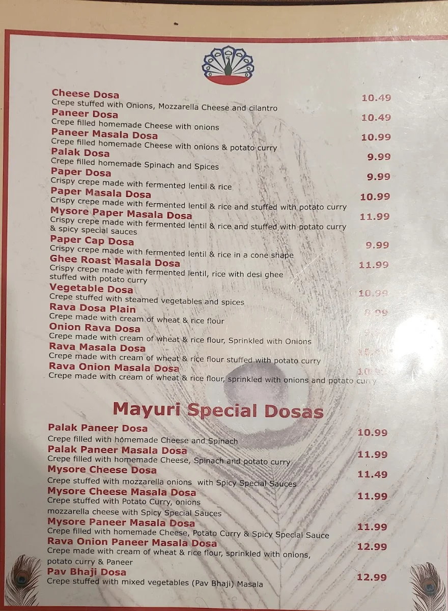 Menu, Mayuri Indian Cuisine