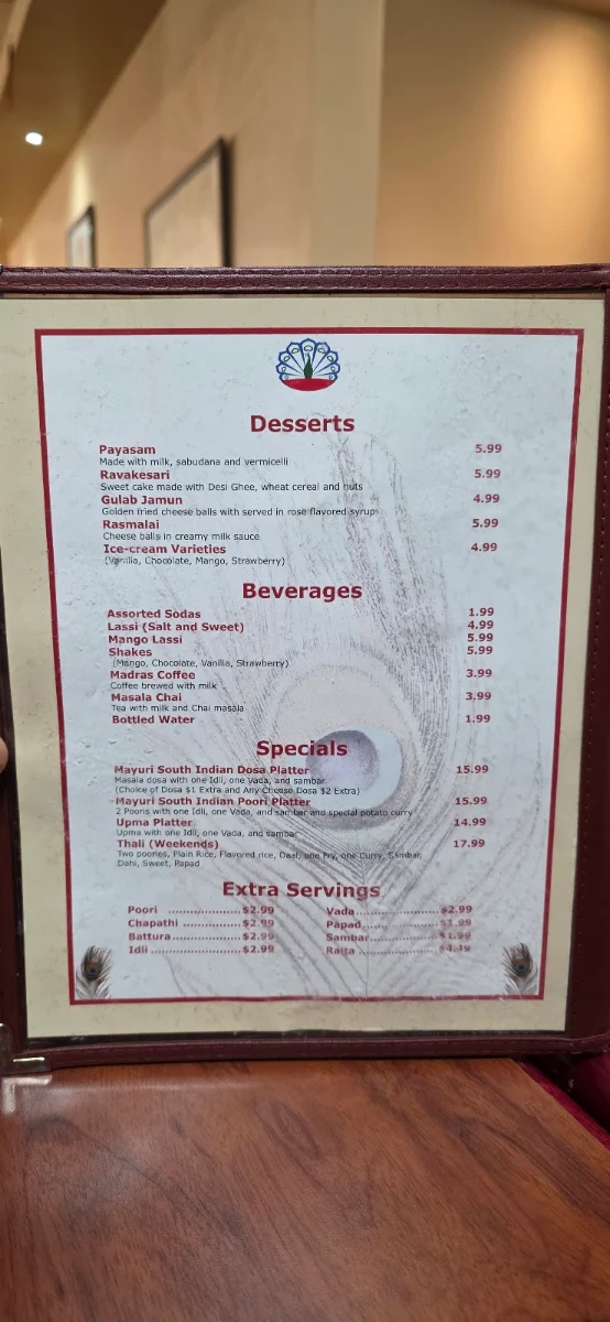 Menu, Mayuri Indian Cuisine