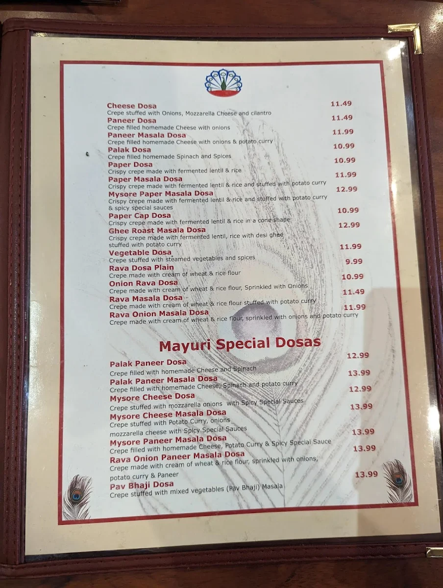 Menu, Mayuri Indian Cuisine