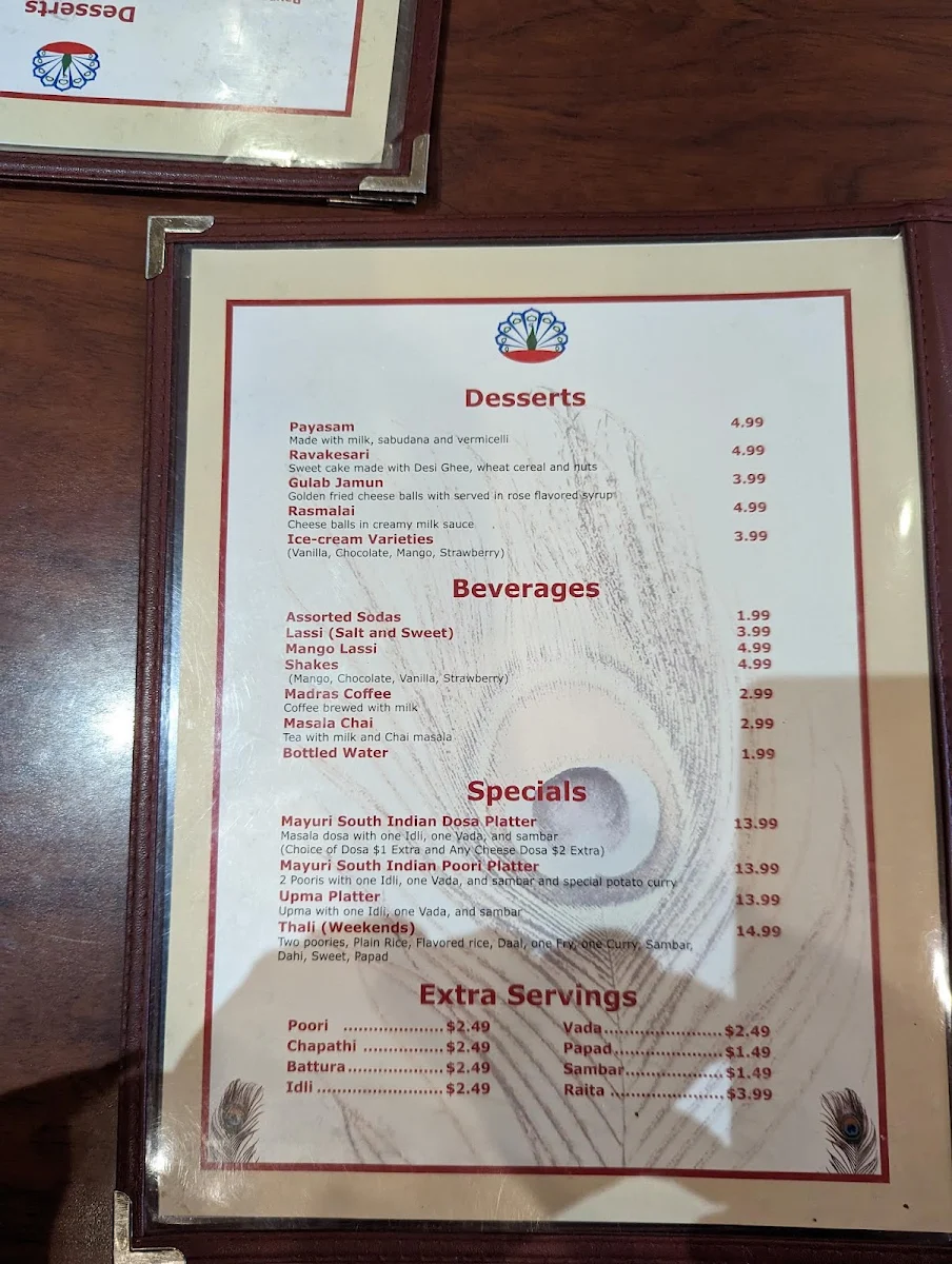 Menu, Mayuri Indian Cuisine