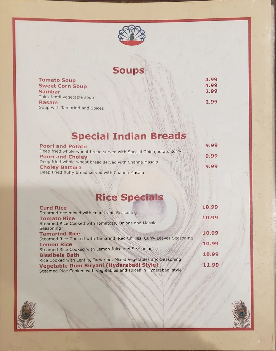Menu, Mayuri Indian Cuisine