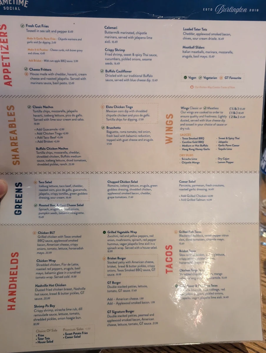 Menu, GameTime Social Burlington
