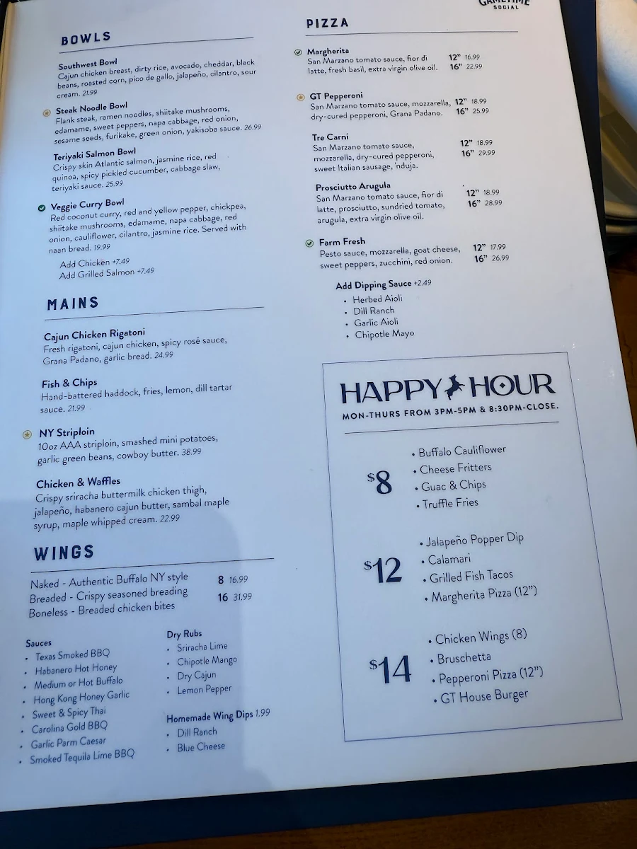Menu, GameTime Social Burlington