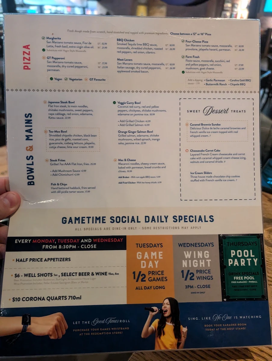Menu, GameTime Social Burlington