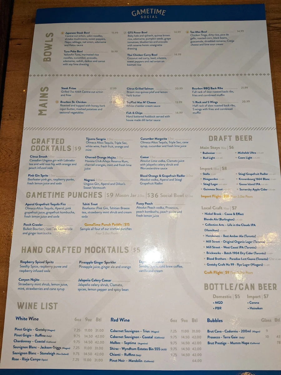 Menu, GameTime Social Burlington