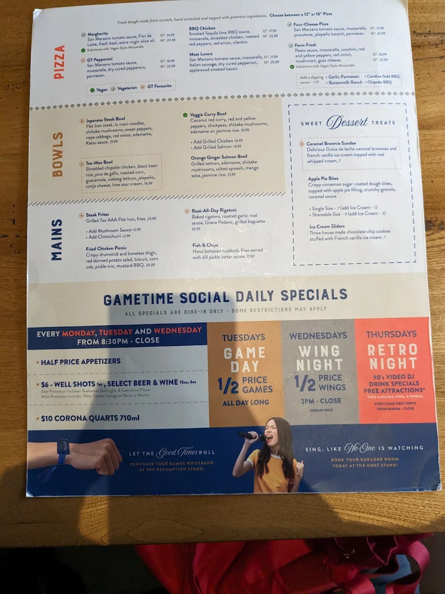 Menu, GameTime Social Burlington